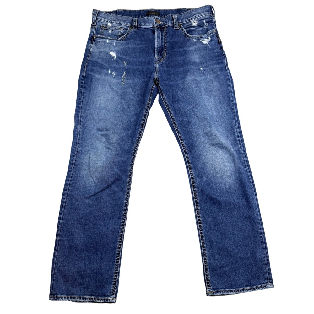 Silver Jeans Co Grayson Easy Fit Straight Leg Blue Distressed Jeans 36x32